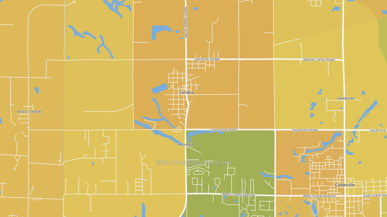 Map of the best neighborhoods in the Cambria area, with better matches in green and worse matches in red