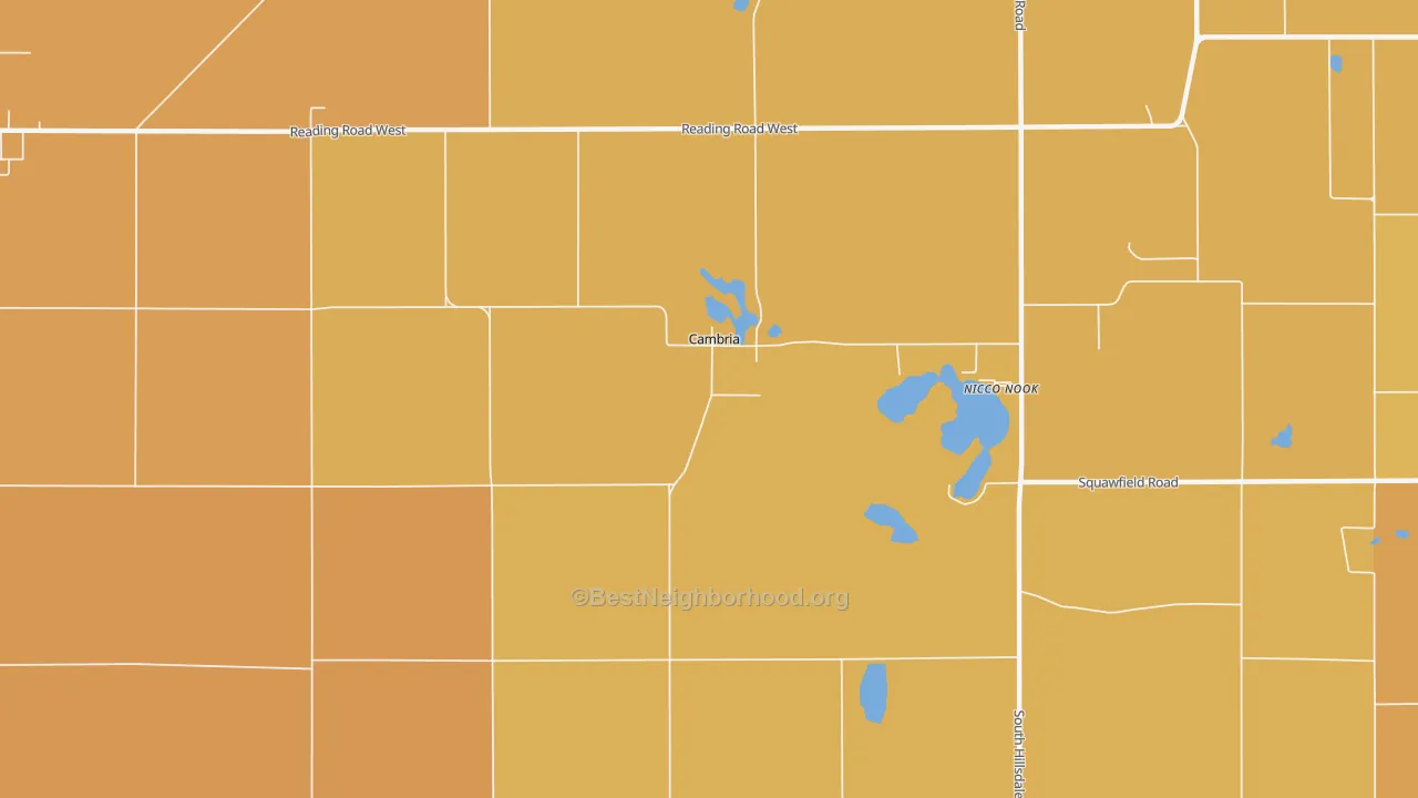 Map of the best neighborhoods in the Cambria area, with better matches in green and worse matches in red