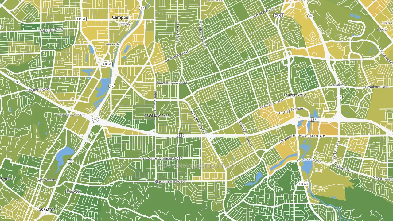 Map of the best neighborhoods in the Cambrian Park, San Jose area, with better matches in green and worse matches in red