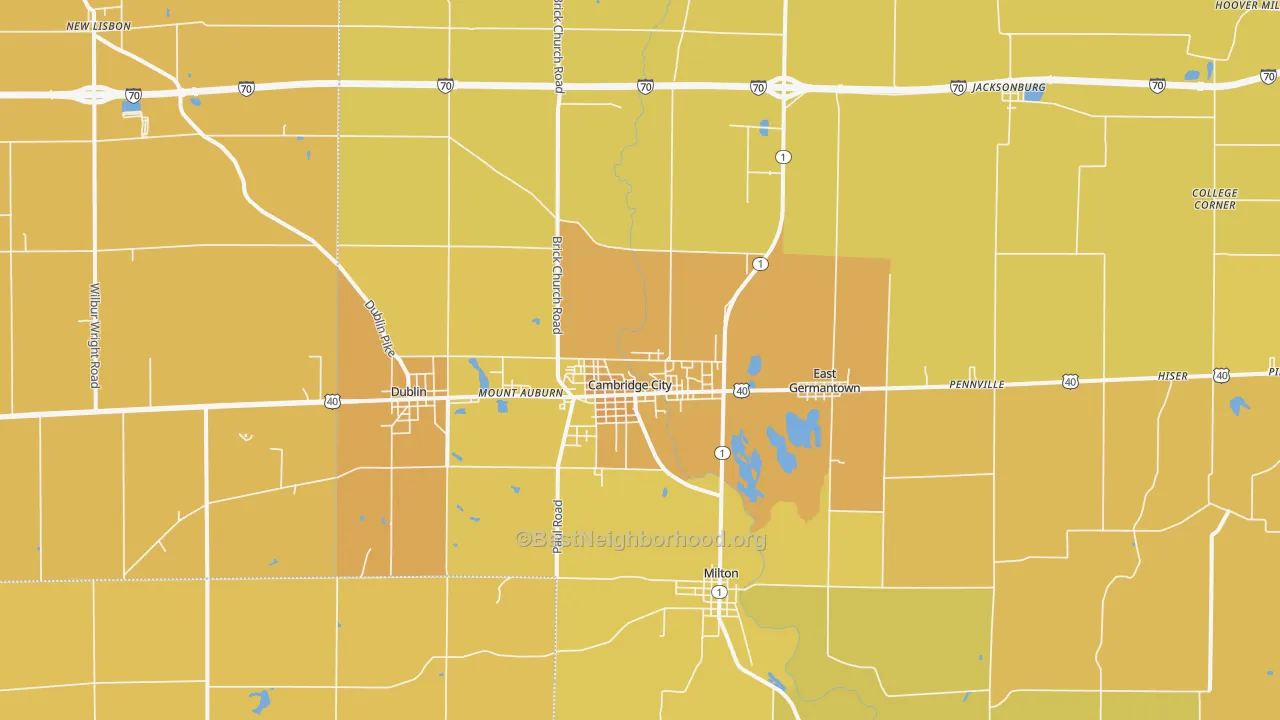 Map of the best neighborhoods in the Cambridge City area, with better matches in green and worse matches in red