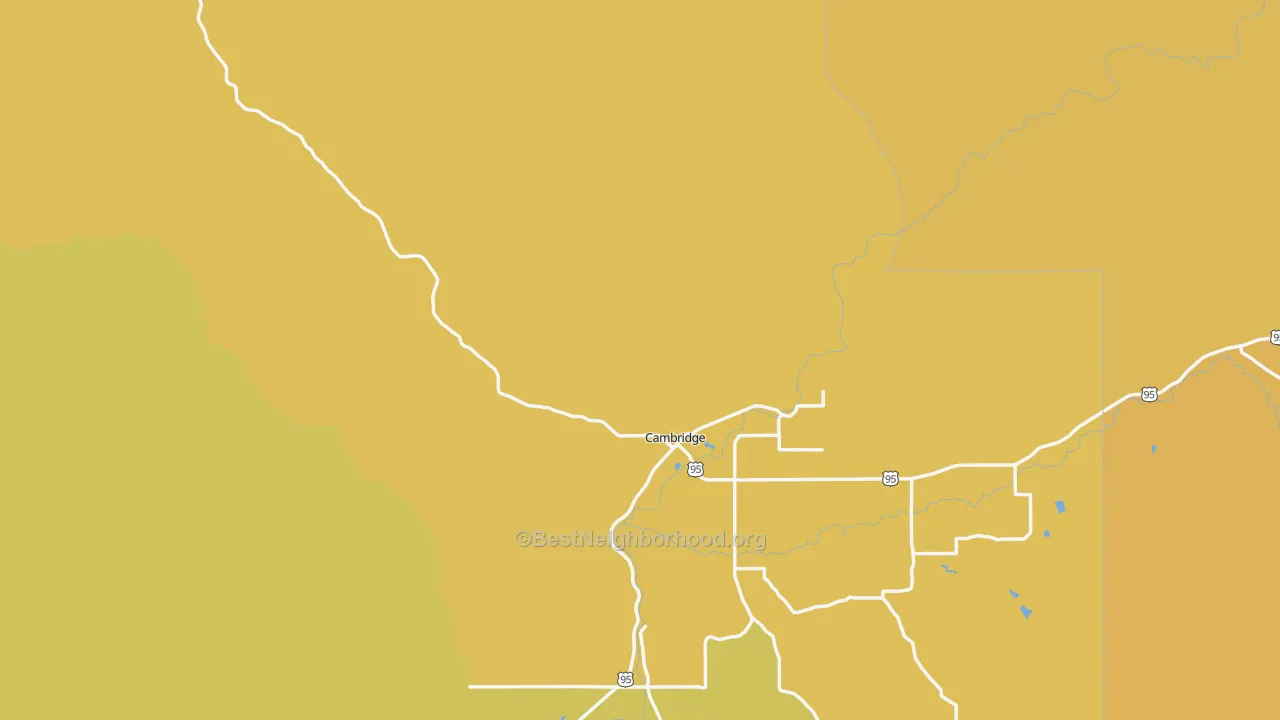 Map of the best neighborhoods in the Cambridge area, with better matches in green and worse matches in red