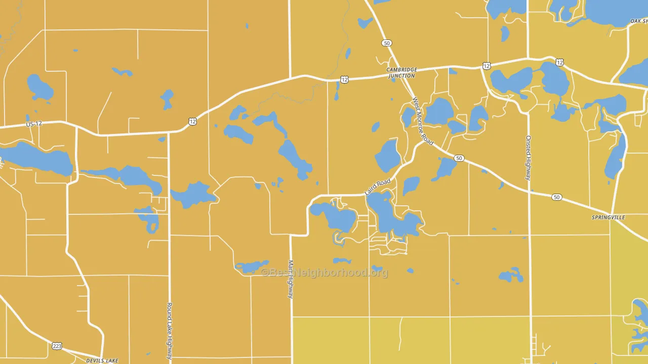 Map of the best neighborhoods in the Cambridge Junction area, with better matches in green and worse matches in red