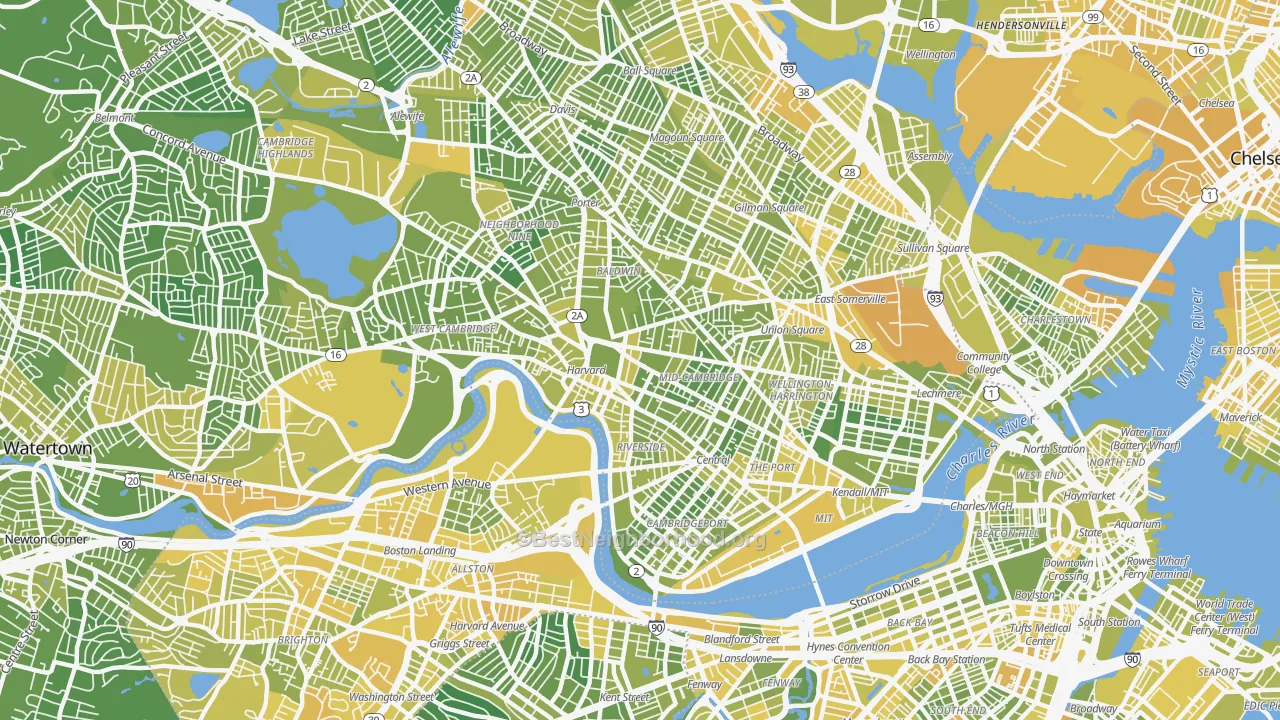 Map of the best neighborhoods in the Cambridge area, with better matches in green and worse matches in red