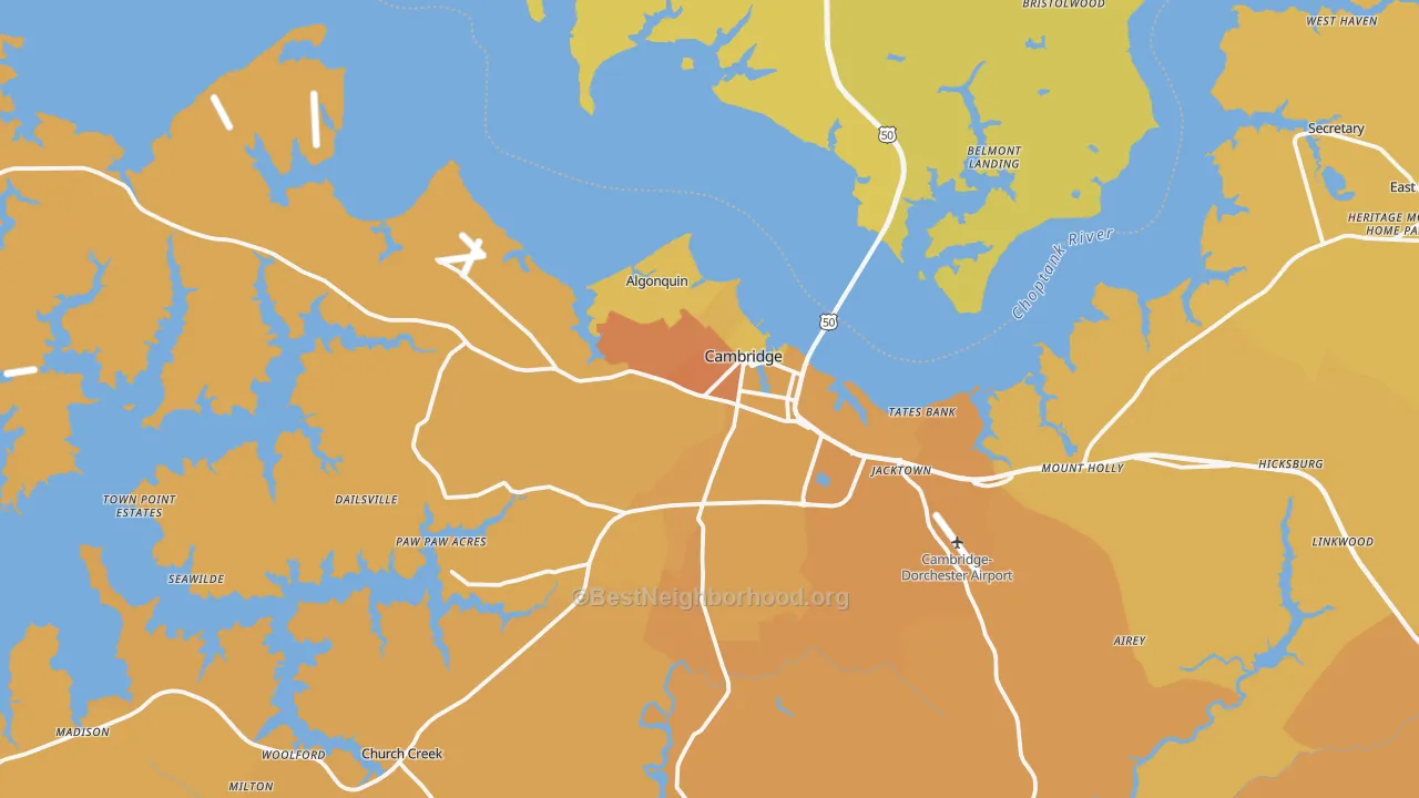 Map of the best neighborhoods in the Cambridge area, with better matches in green and worse matches in red