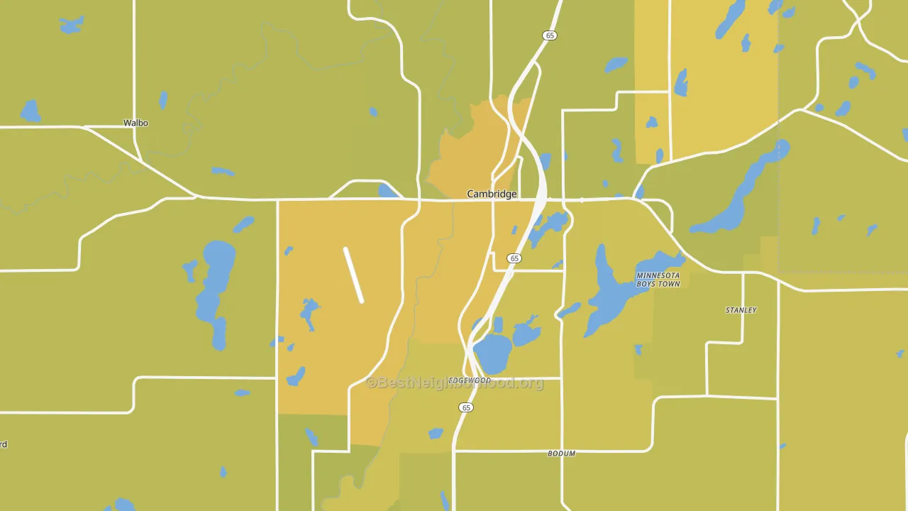 Map of the best neighborhoods in the Cambridge area, with better matches in green and worse matches in red