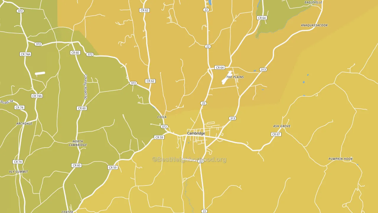 Map of the best neighborhoods in the Cambridge area, with better matches in green and worse matches in red