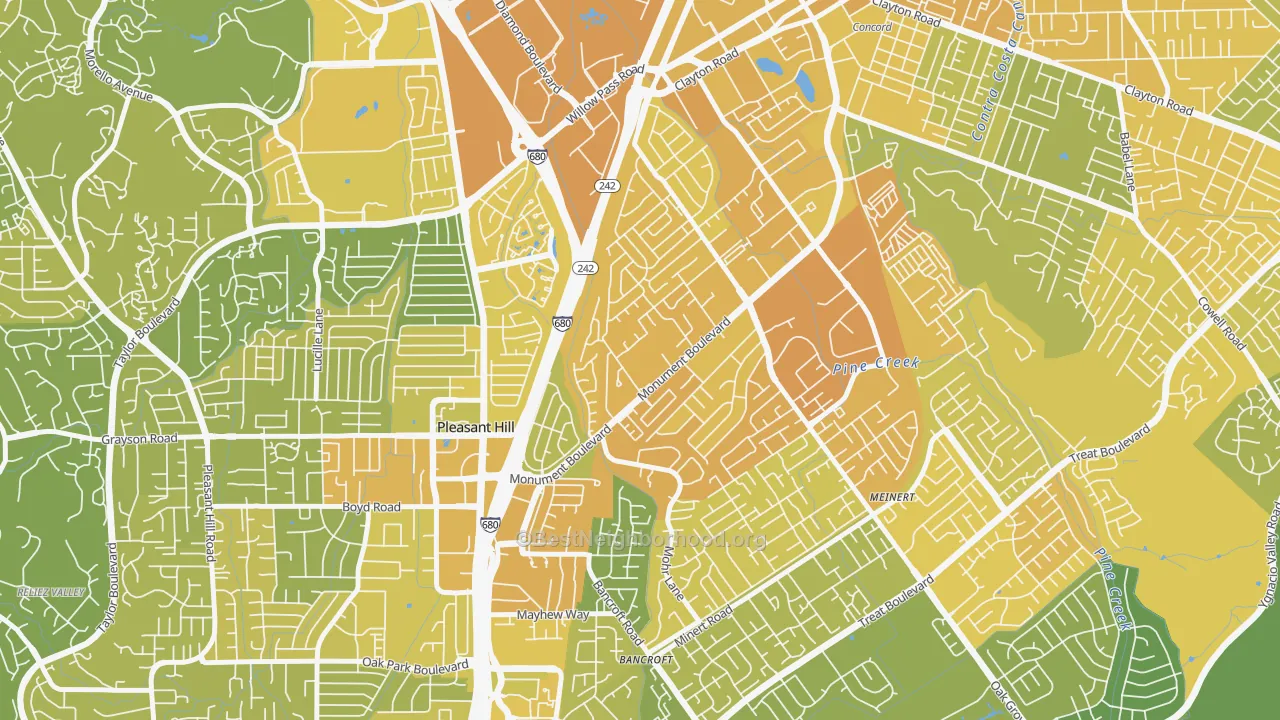 Map of the best neighborhoods in the Cambridge Park, Concord area, with better matches in green and worse matches in red