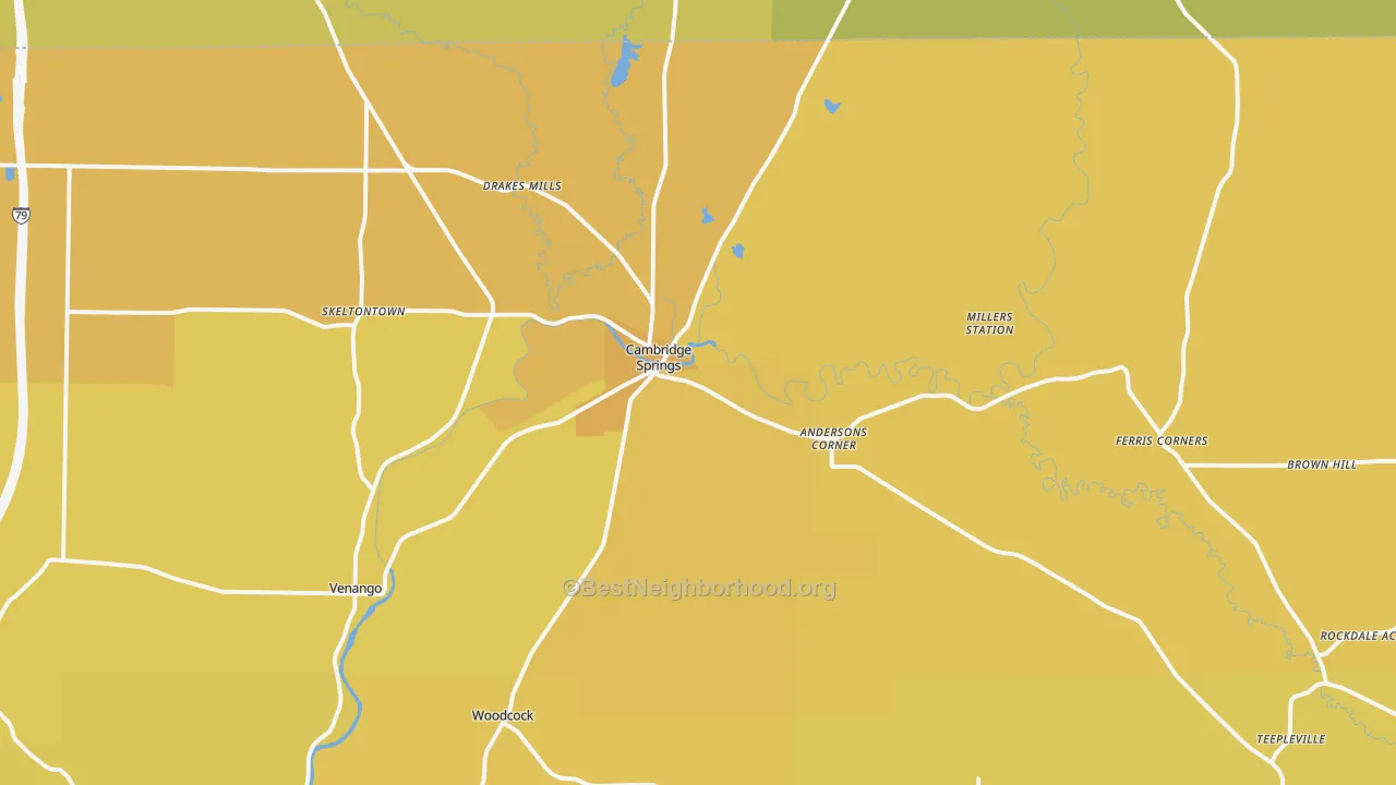 Map of the best neighborhoods in the Cambridge Springs area, with better matches in green and worse matches in red