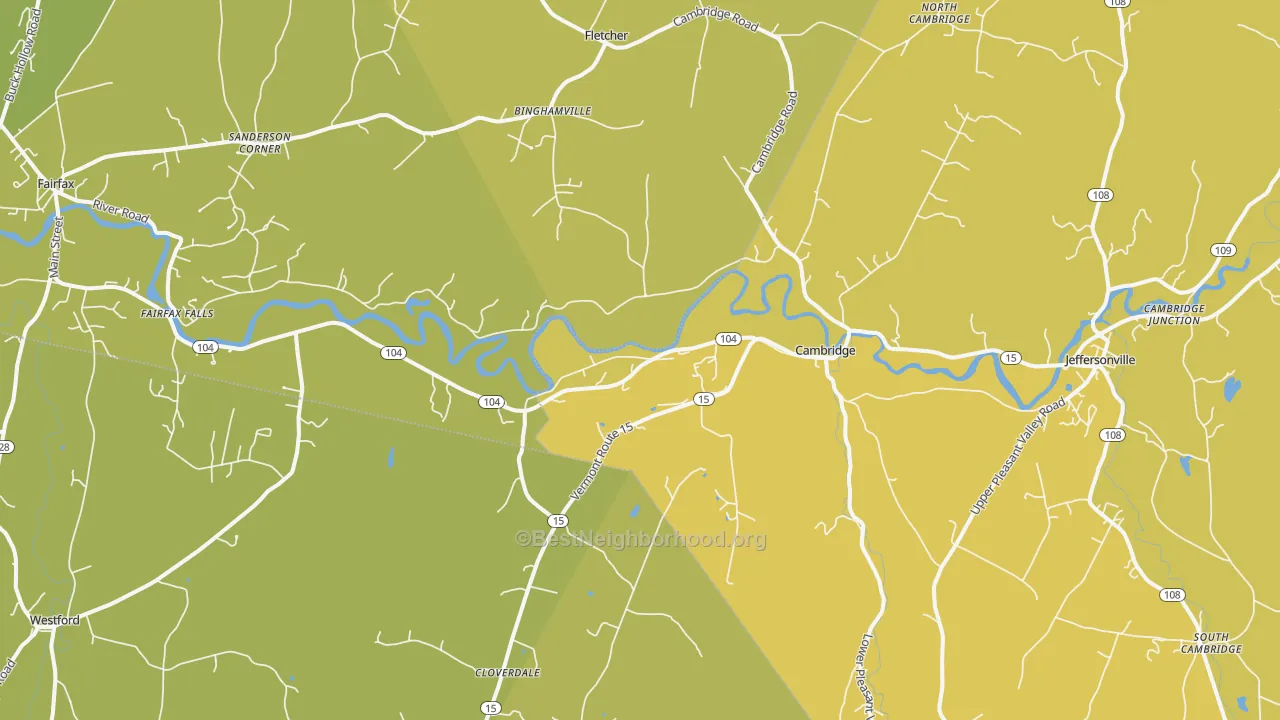Map of the best neighborhoods in the Cambridge area, with better matches in green and worse matches in red
