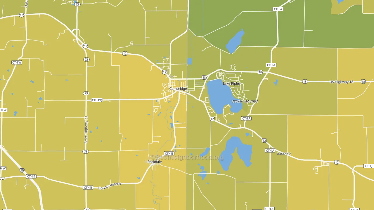 Map of the best neighborhoods in the Cambridge area, with better matches in green and worse matches in red