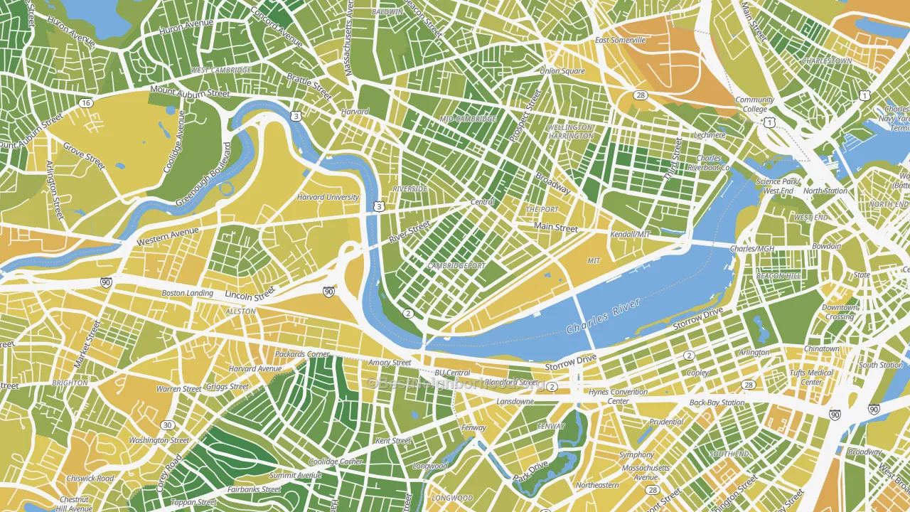 Map of the best neighborhoods in the Cambridgeport, Cambridge area, with better matches in green and worse matches in red