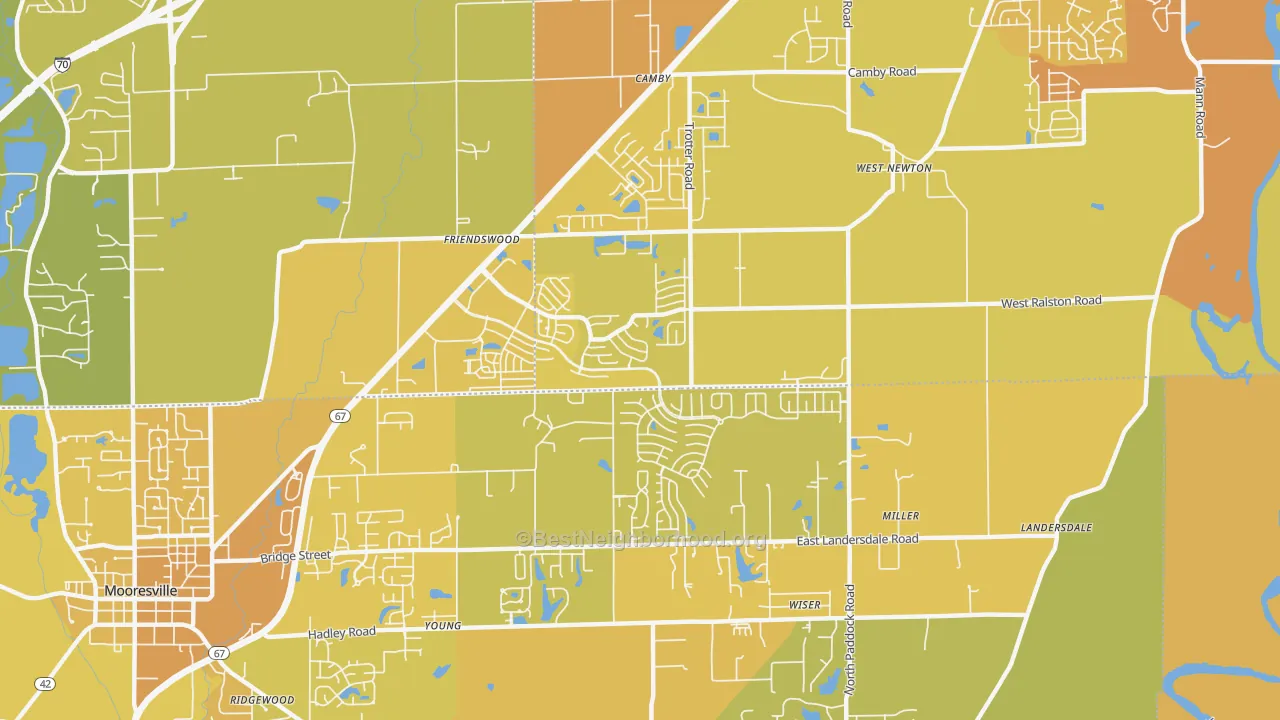 Map of the best neighborhoods in the Camby area, with better matches in green and worse matches in red
