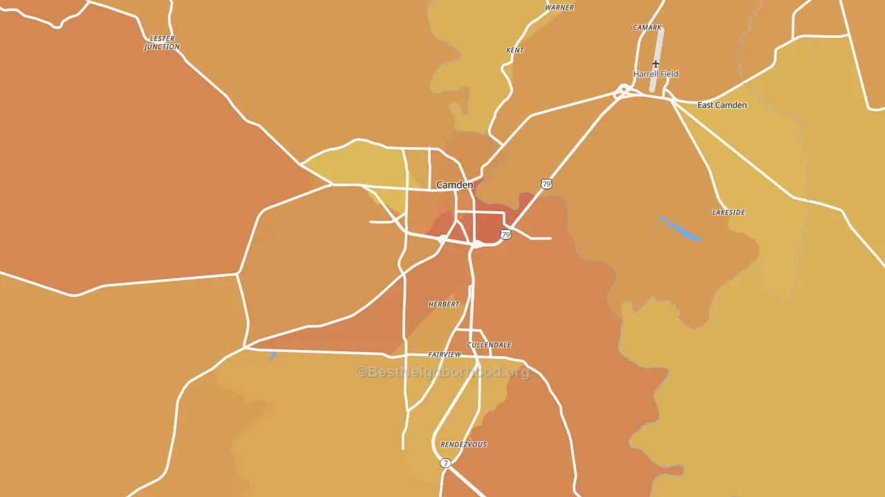 Map of the best neighborhoods in the Camden area, with better matches in green and worse matches in red
