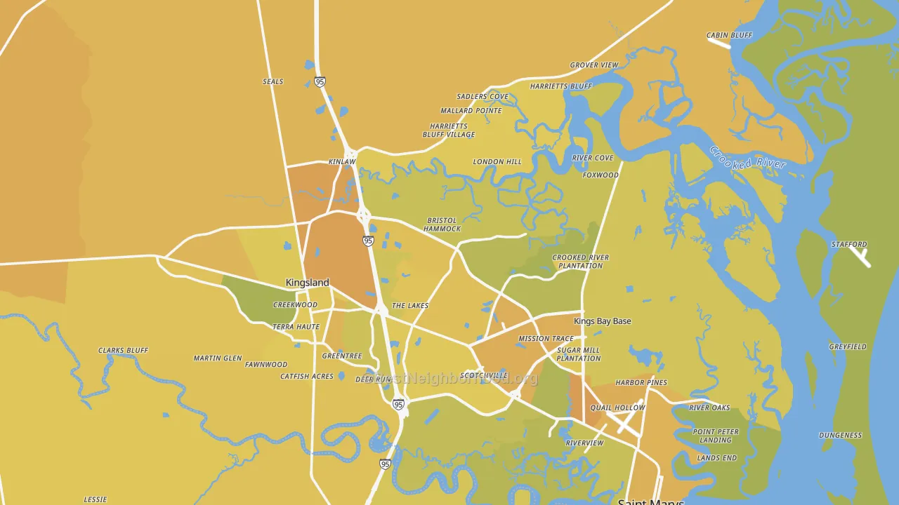 Map of the best neighborhoods in the Camden County area, with better matches in green and worse matches in red