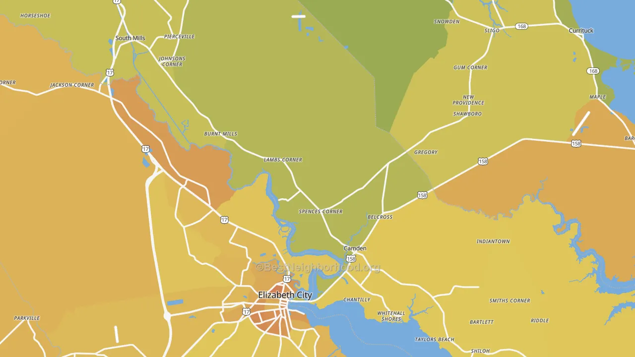 Map of the best neighborhoods in the Camden County area, with better matches in green and worse matches in red