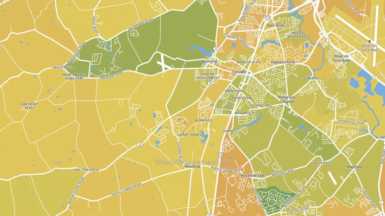 Map of the best neighborhoods in the Camden area, with better matches in green and worse matches in red