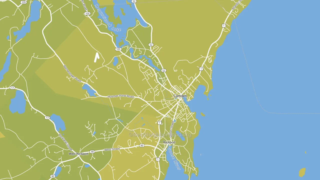Map of the best neighborhoods in the Camden area, with better matches in green and worse matches in red