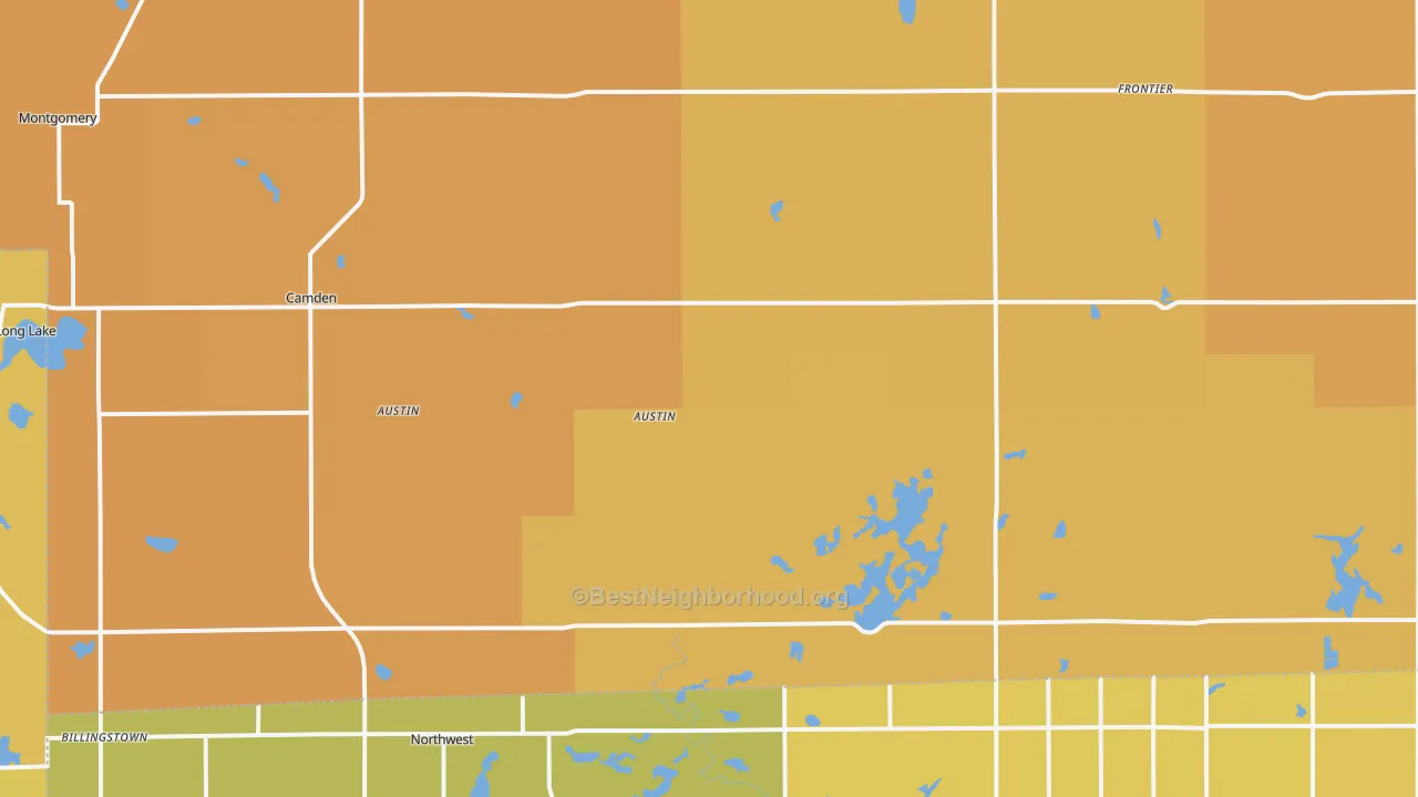 Map of the best neighborhoods in the Camden area, with better matches in green and worse matches in red