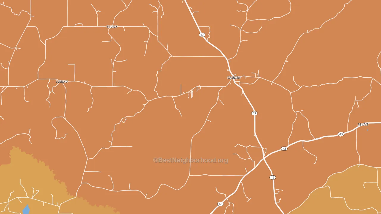 Map of the best neighborhoods in the Camden area, with better matches in green and worse matches in red