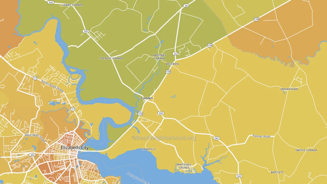 Map of the best neighborhoods in the Camden area, with better matches in green and worse matches in red