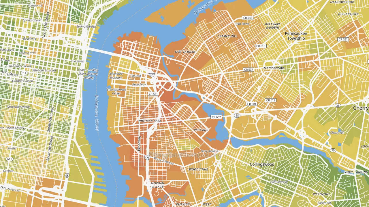 Map of the best neighborhoods in the Camden area, with better matches in green and worse matches in red