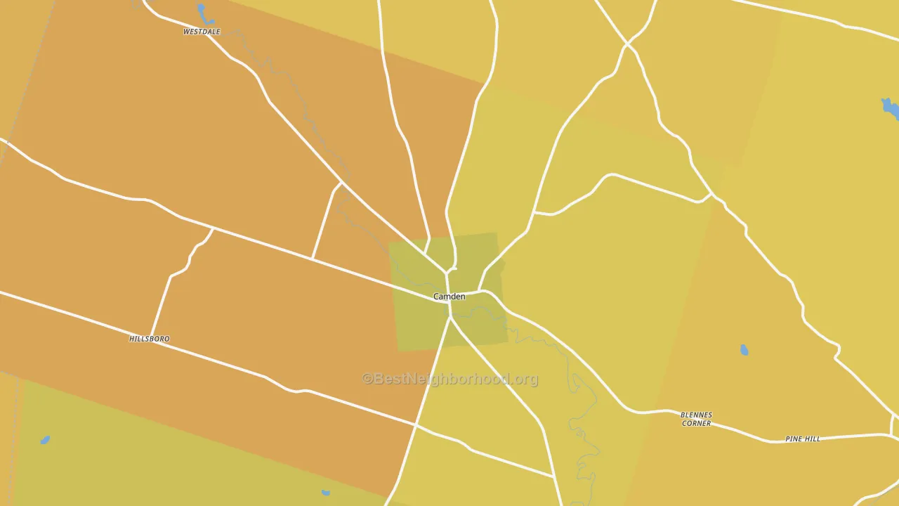 Map of the best neighborhoods in the Camden area, with better matches in green and worse matches in red