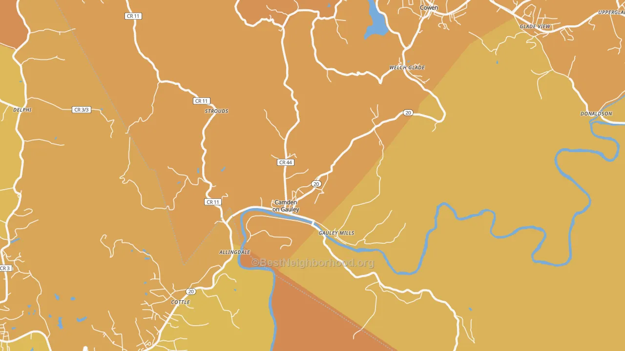 Map of the best neighborhoods in the Camden-on-Gauley area, with better matches in green and worse matches in red