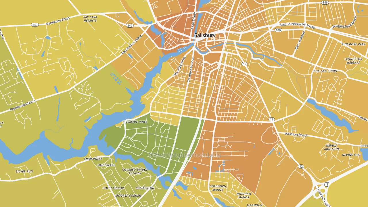 Map of the best neighborhoods in the Camden, Salisbury area, with better matches in green and worse matches in red
