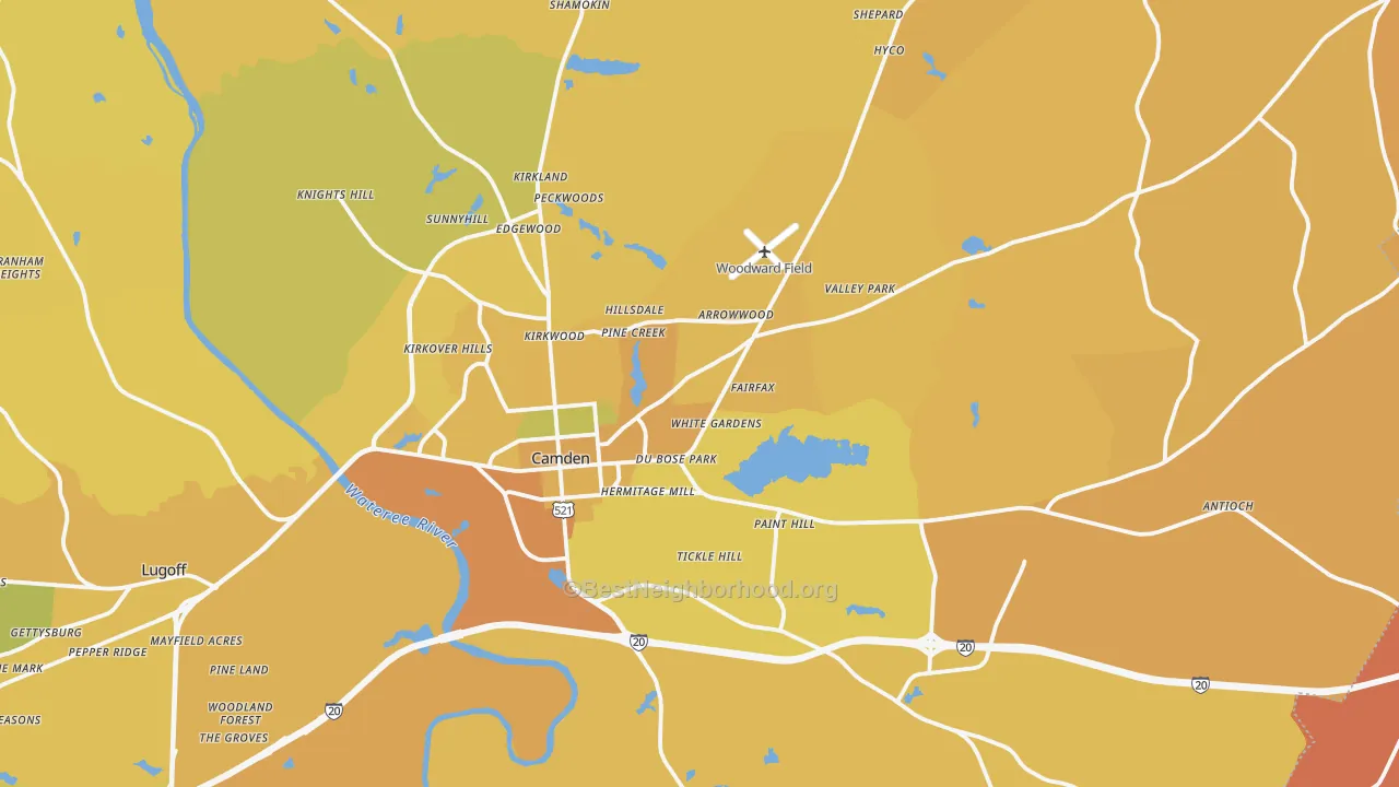 Map of the best neighborhoods in the Camden area, with better matches in green and worse matches in red