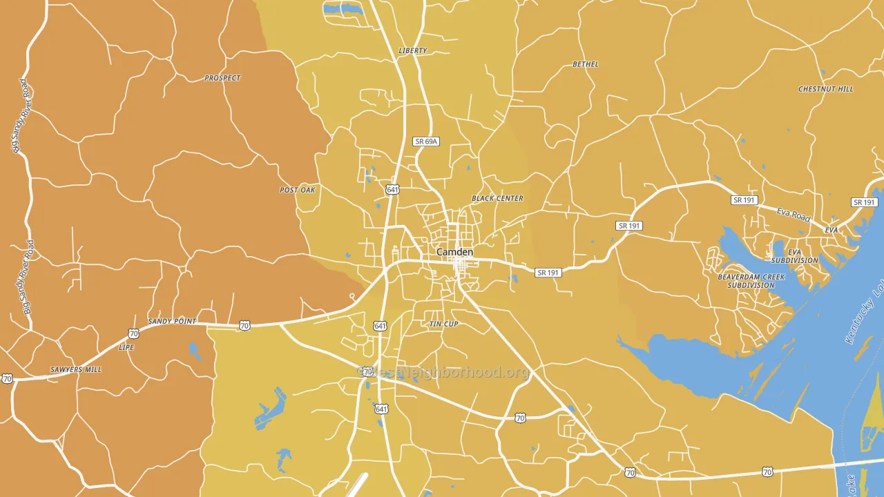 Map of the best neighborhoods in the Camden area, with better matches in green and worse matches in red