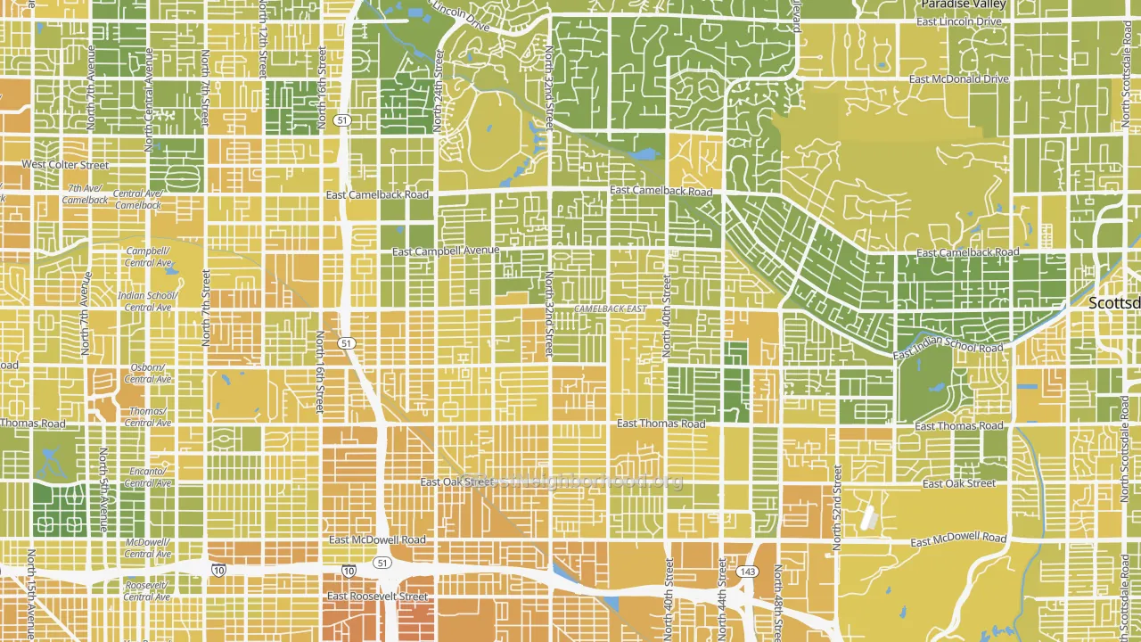 Map of the best neighborhoods in the Camelback East, Phoenix area, with better matches in green and worse matches in red