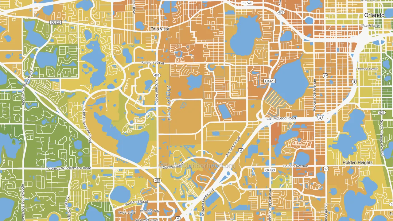 Map of the best neighborhoods in the Camellia Gardens, Orlando area, with better matches in green and worse matches in red