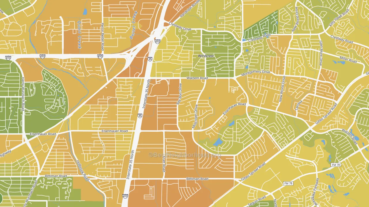 Map of the best neighborhoods in the Camelot, San Antonio area, with better matches in green and worse matches in red