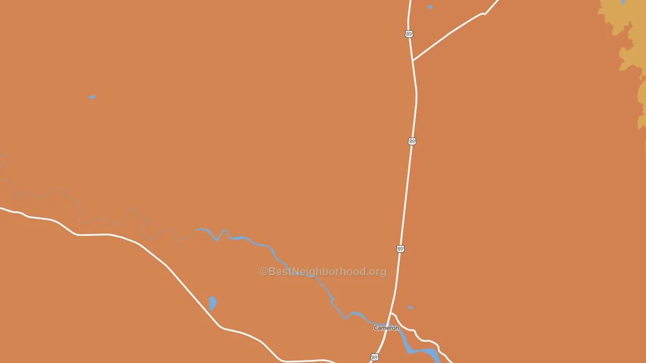Map of the best neighborhoods in the Cameron area, with better matches in green and worse matches in red