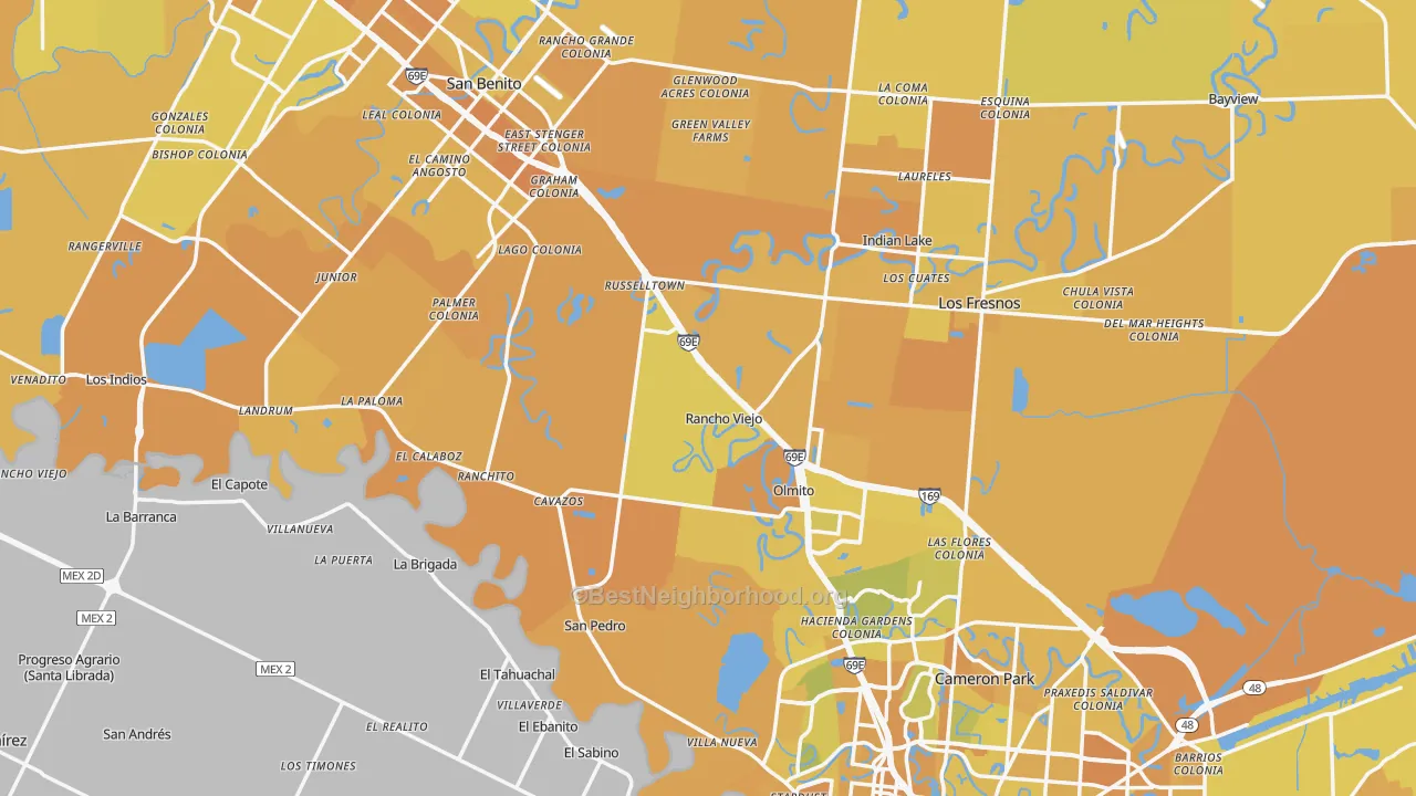 Map of the best neighborhoods in the Cameron County area, with better matches in green and worse matches in red