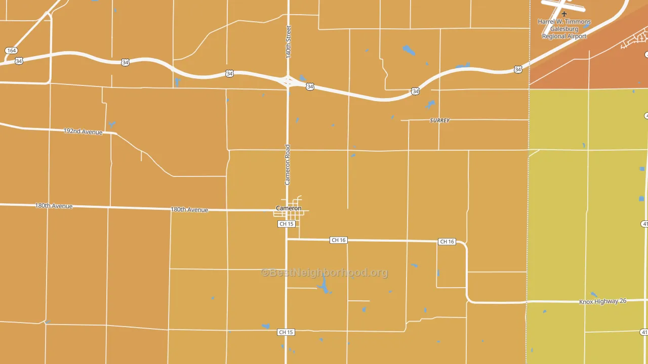 Map of the best neighborhoods in the Cameron area, with better matches in green and worse matches in red