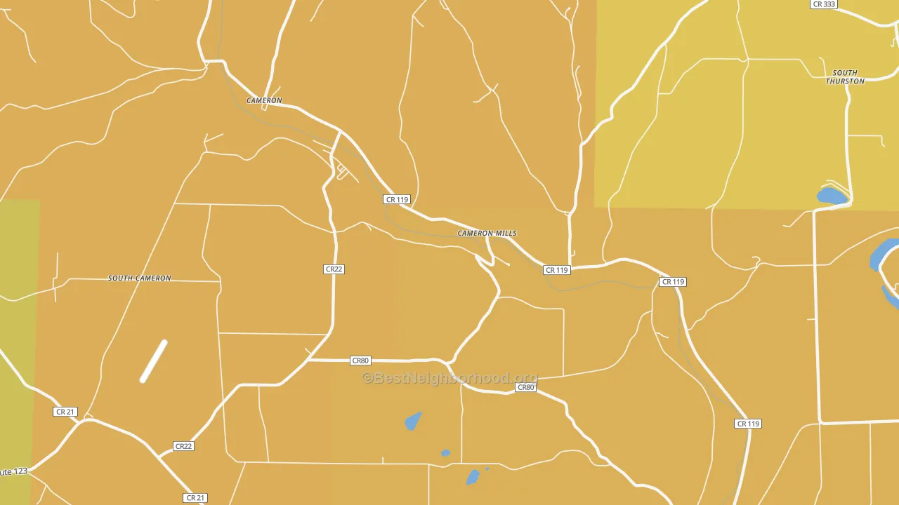 Map of the best neighborhoods in the Cameron Mills area, with better matches in green and worse matches in red