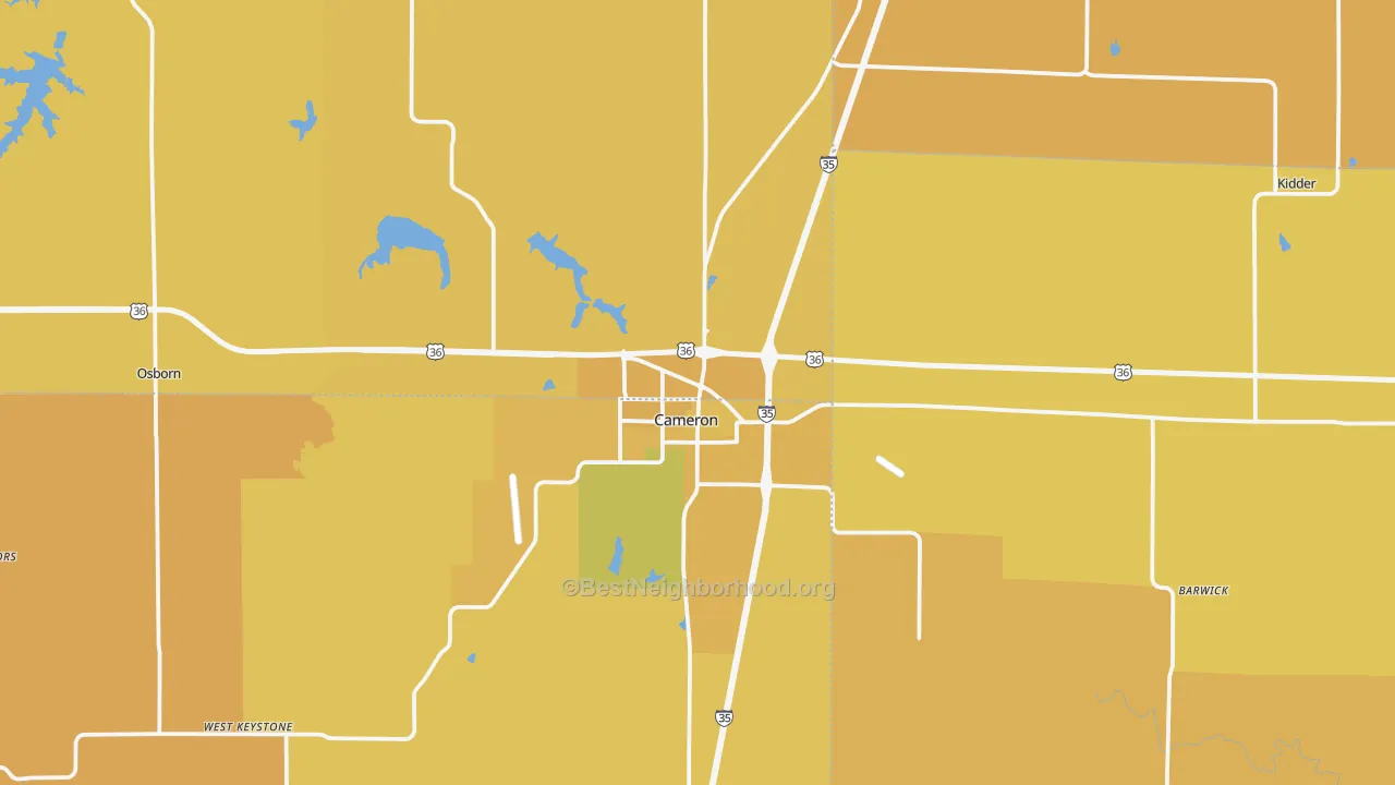 Map of the best neighborhoods in the Cameron area, with better matches in green and worse matches in red