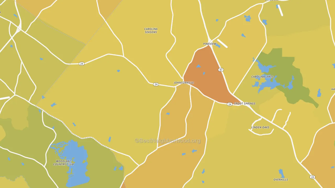 Map of the best neighborhoods in the Cameron area, with better matches in green and worse matches in red