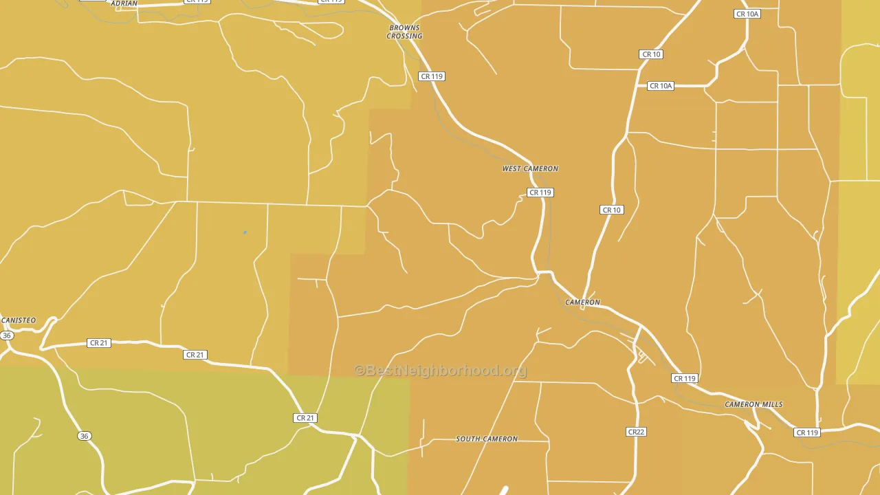 Map of the best neighborhoods in the Cameron area, with better matches in green and worse matches in red