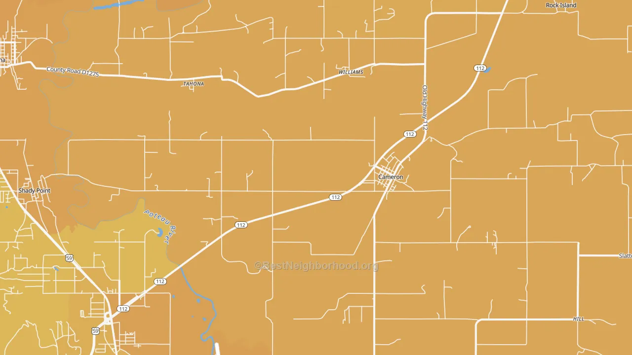 Map of the best neighborhoods in the Cameron area, with better matches in green and worse matches in red