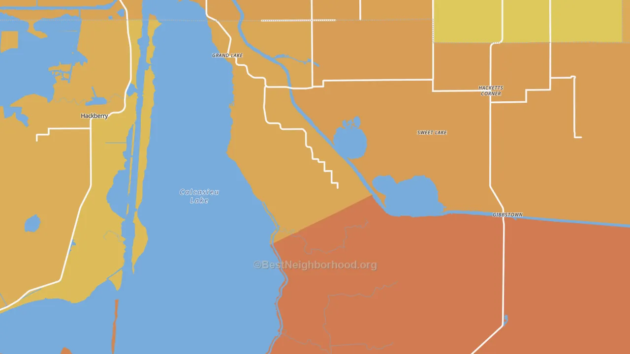 Map of the best neighborhoods in the Cameron Parish area, with better matches in green and worse matches in red