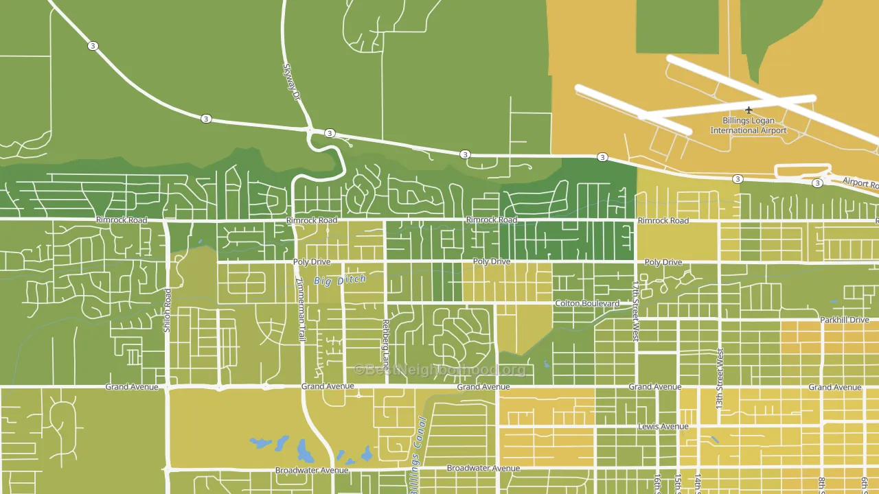 Map of the best neighborhoods in the Cameron Park, Billings area, with better matches in green and worse matches in red