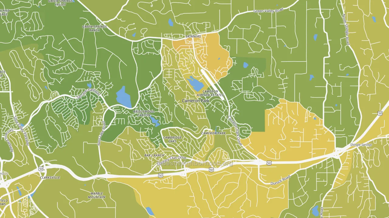 Map of the best neighborhoods in the Cameron Park area, with better matches in green and worse matches in red