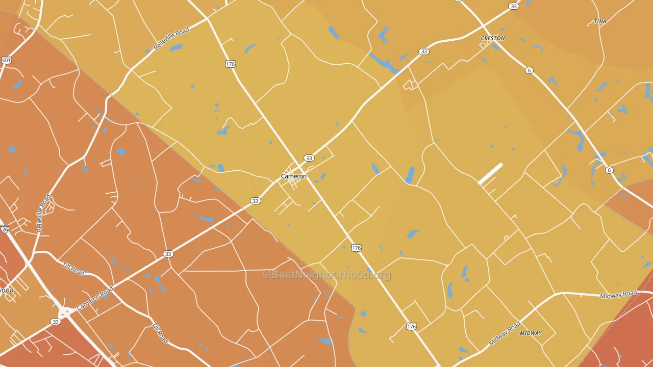 Map of the best neighborhoods in the Cameron area, with better matches in green and worse matches in red