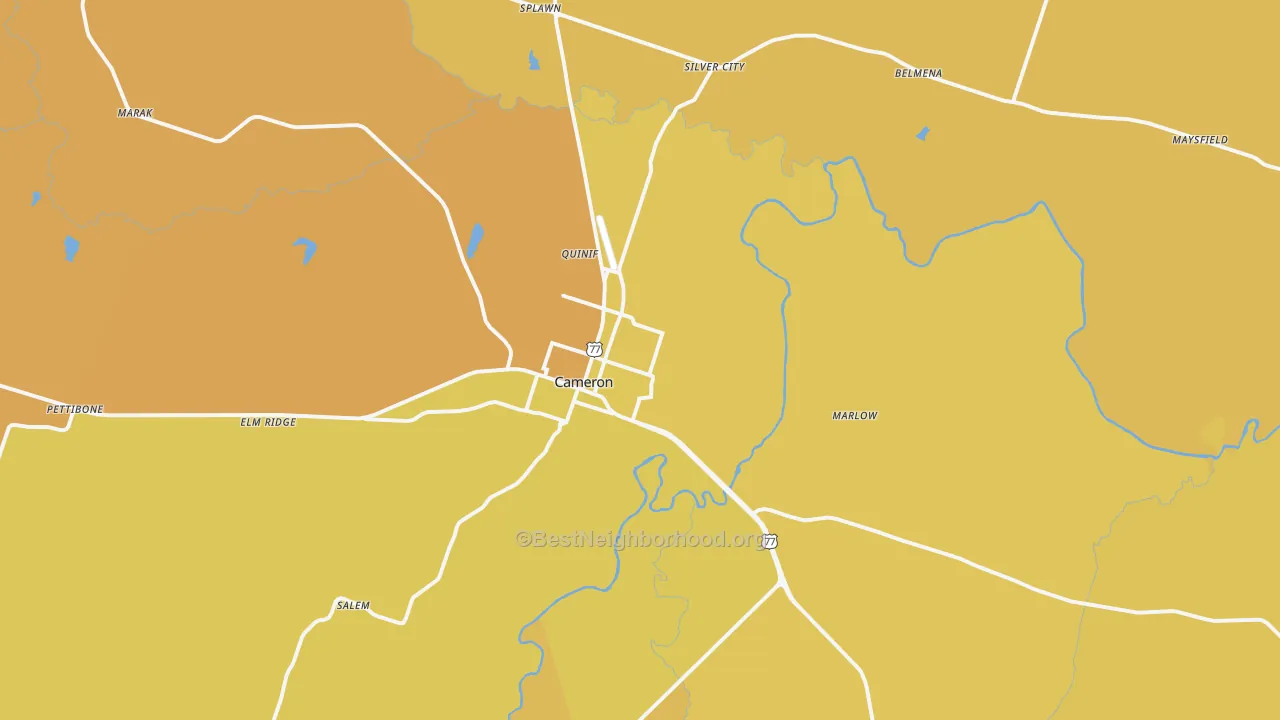 Map of the best neighborhoods in the Cameron area, with better matches in green and worse matches in red