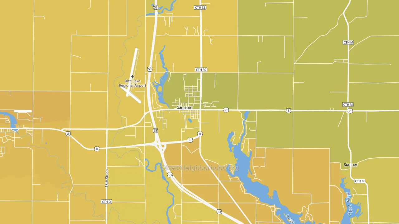 Map of the best neighborhoods in the Cameron area, with better matches in green and worse matches in red