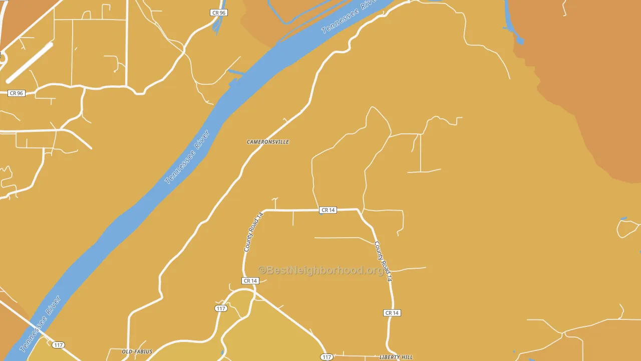 Map of the best neighborhoods in the Cameronsville area, with better matches in green and worse matches in red
