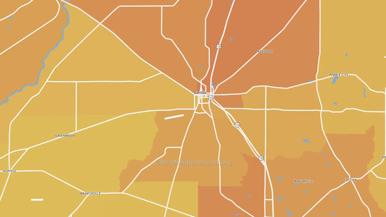 Map of the best neighborhoods in the Camilla area, with better matches in green and worse matches in red