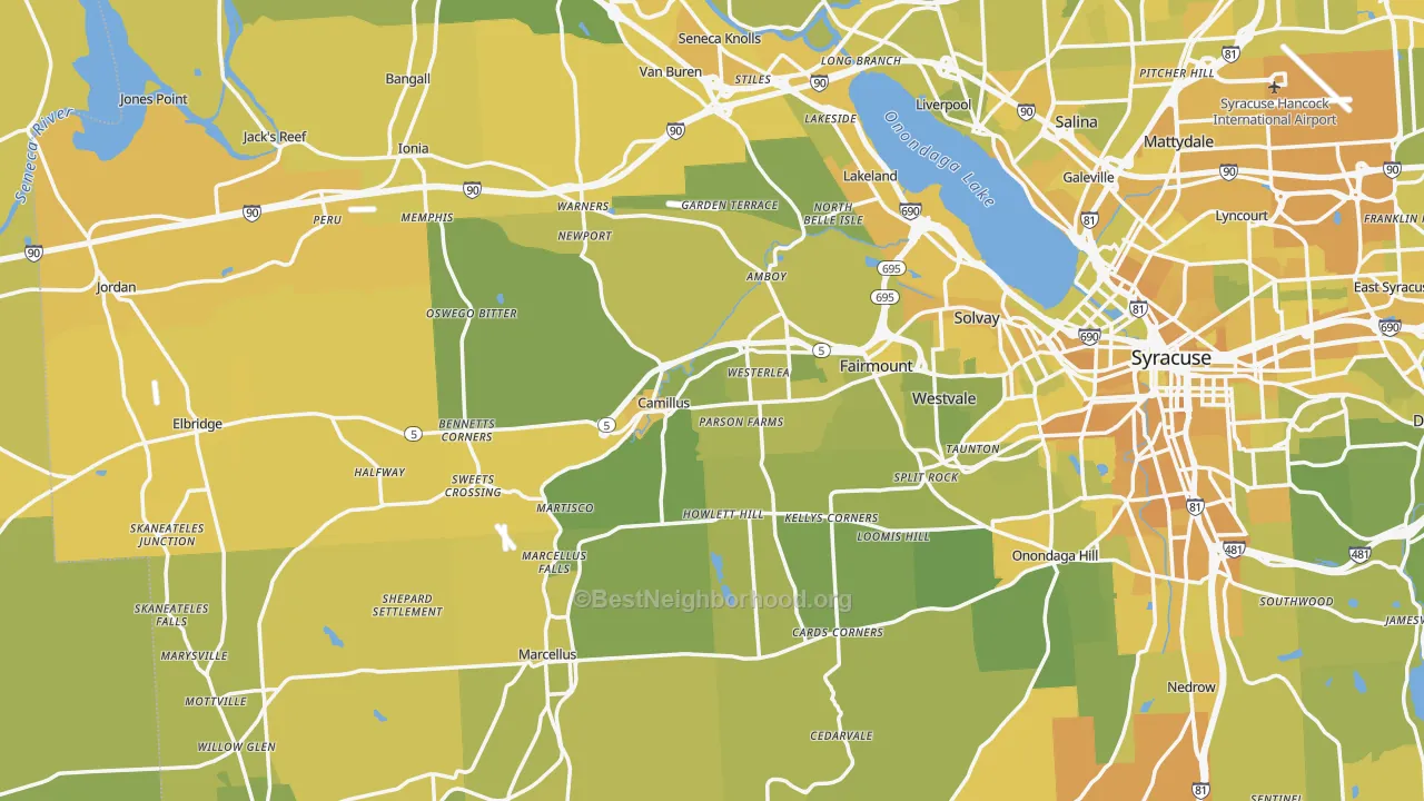 Map of the best neighborhoods in the Camillus area, with better matches in green and worse matches in red